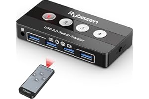 Rybozen USB 3.0 Switch 4 Ports pour 4 PC 4 Entrées 4 Sorties USB Commutateur pour Imprimante Clavier Souris Clé USB Disque Dur Externe Scanner, avec Télécommande…
