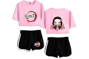 Yumenam Femme Anime 2PCS Survêtement Kamado Nezuko Imprimé Crop Tops + Shorts Ensemble Casual Manches Courtes Tee Shirt + Pantalon Court été Pyjamas Sets Costume de Cosplay