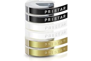 ‎PRISTAR Pristar kompatibel Omega Etikettenband Ersatz für Dymo Prägeband 3D Kunststoff 9mm x 3m für Dymo Omega Junior Etikettenprägegerät Vinyl-Prägeetiketten, Weiß auf Schwarz/Transparen/Gold Selbstklebend