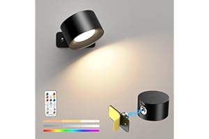 Mexllex Rechargeable Wall Light Indoor with 16 RGB Lights, Battery Operated Wall Light with Remote Control, 360° Rotatable Touch Control Reading Light, Magnetic Bedside Wall Lamp for Bedroom, Black