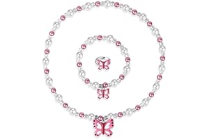 IOSPKKIO® Schmetterlings-Stretch-Halskette, kleines Mädchen Kleinkind Halskette Armband-Set, Inklusive rosa Beutel, kleine Prinzessin Schmuck Kinder Halsketten