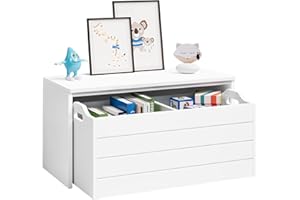 HOCSOK Baul de Juguetes Grande de Madera, Taburete de Almacenamiento, Banco con 4 Ruedas, Blanco, 69x32x35.7cm,BA004