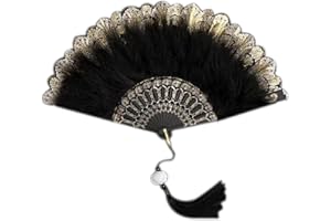 ALMLWIAJ Vintage Lace Tassel Hand Fan, Feather Folding Fan, Black/White for fancy dress parties and proms! (Black-plume)