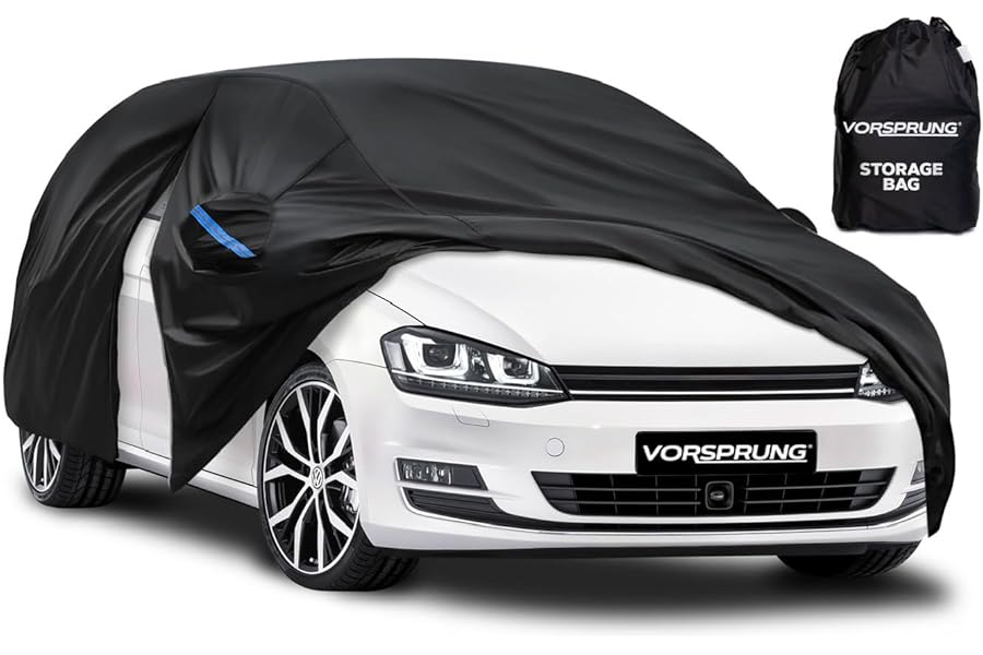 VORSPRUNG® Universal Car Cover (4 Sizes) | Driver Side Zip | Waterproof All Weather | Snow/Sun proof | UV Protection Windproof Outdoor | Full Fitted | Length 420-450cm | Hatchbacks & Small SUVs