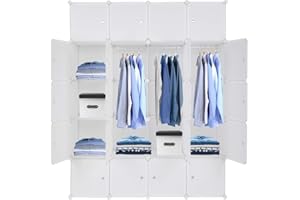 Bonnlo Kleiderschrank aus Kunststoff, DIY Regalsystem, Tragbarer Garderobenschrank, Regal mit Türen, Steckregal 20 Würfel, mit 3 Kleiderstange, Weiß, 142x47x178cm