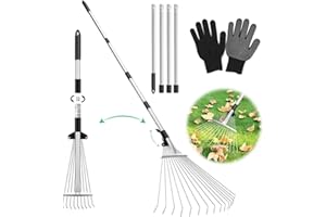PASLFC Laubrechen Verstellbar mit Stiel 207cm,Verstellbarer Rechen,Laubharke Metall mit Handschuhe,Fächerbesen Verstellbar,Gartenrechen Teleskop,Laubbesen Wolf,Rechen Garten mit Stiel,Laubfächer