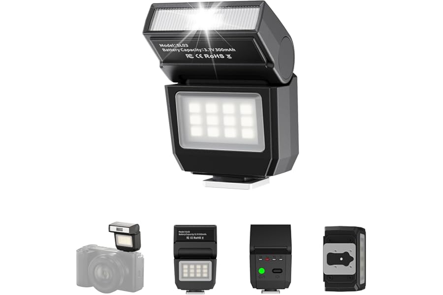 ULANZI SL03 Mini Camera Flash with Video Light, GN8 6500K Camera Speedlite Flash Units, 90° Adjustable, 4 Power Levels (1/8~1/1), Universal Single Contact Hot Shoe for Sony/Canon/Fuji DSLR, Black