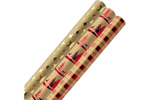 MJNEDY 3 rouleaux de papier cadeau métallique et brillant, papier cadeau de Noël kraft rouge imprimé avec étoile d'élan et grille pour décoration de cadeau de fête d'anniversaire de Noël