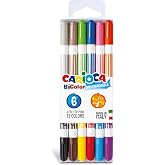 Carioca Bicolor S&uuml;per Yıkanabilir &Ccedil;ift U&ccedil;lu Ke&ccedil;eli Boya Kalemi 6'Li 12 Renk