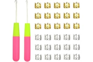YTBYT 2 Pezzi Latch Hook Crochet Needle con 30 Pezzi Dreadlocks Decorazione in Metallo Intrecciare Anelli per Capelli per Uncinetto Trecce Accessori per la Decorazione dei Capelli