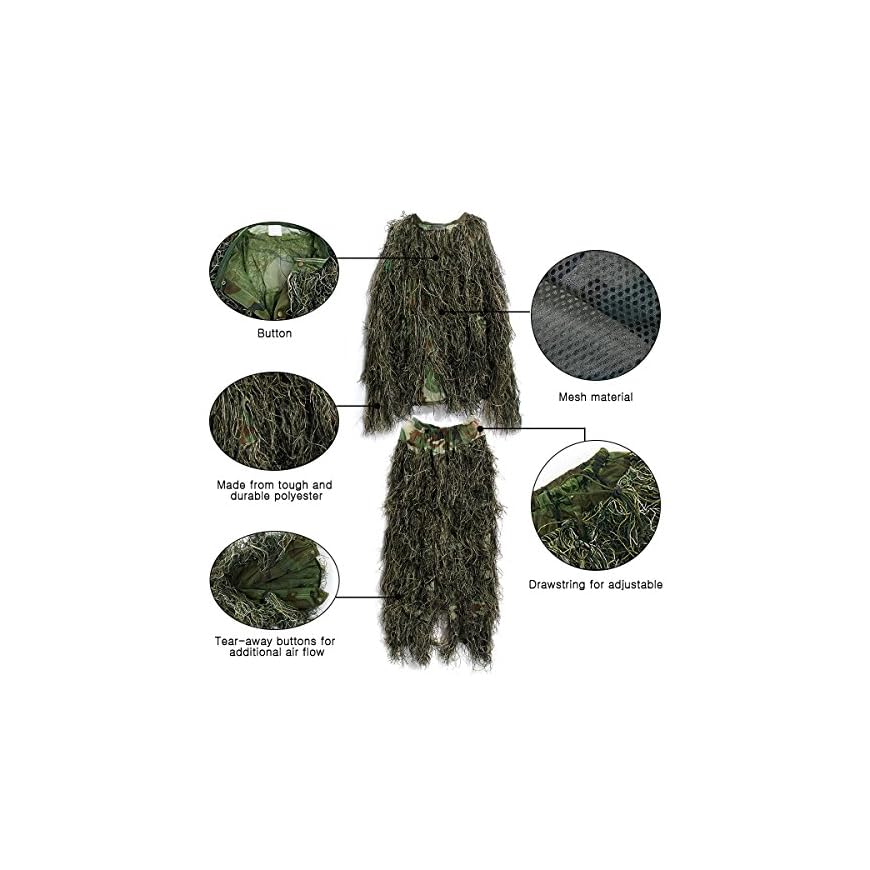 Tuta Mimetica Ghillie 3D - 4 Pezzi Con Borsa, Woodland, Per Caccia E Outdoor