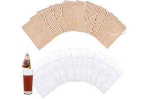 PAEFIU Confezione da 200 Bustine per Tisane, 5 x 7 cm Sacchetti Filtro per Tè con Coulisse Bustine Infusione, Bustina di Tè Usa e Getta per Erbe, Tè Sfuso Caffè Erbe Spezie (Bianco, Marrone)