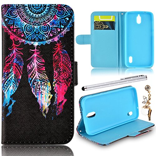 LazyBear 3 in 1 Zubehör set Einfache Gesicht Muster Druck PU Ledertasche Handy Schutzhülle für Huawei Ascend Y625 Hülle Etui Tasche Schutz Bumper Flip Case mit Flip Cover Buchstil Klapptasche in Lederoptik Karteneinschub und Magnetverschluß + Eingabestift Stylus Touch Pen + Anti Staub Schutz Stöpsel (Dream Catcher)