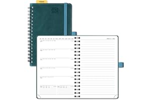 POPRUN Academic 2024-2025 Pocket Diary A6 Week to View Spiral Bound PU Leather Soft Cover 16 x 10.5 cm - 24/25 Mid Year Small Weekly Planner & Notebook in One (Peotrol Green)