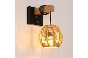Mckalen Applique Murale Intérieure Vintage, Applique Murale en Rotin E27 avec Interrupteur, Cage Lampe Murale en Bois pour Salon, Chambre, Couloir, Salle à Manger (Sans Ampoule)