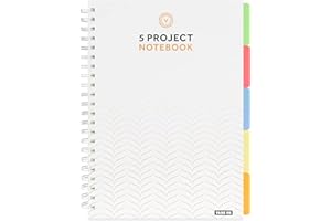 VABE UK A4 Project Notebook - 5 Dividers - 200 Pages (100 sheets) - 100gsm White Ruled Paper - Thick Matte Laminated Cover. (White)