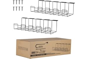 BASKISS 2 Packs Cable Management Tray, 40cm Under Desk Organizer for Wire Organization, Metal Holder for Desktop Computer Home Office Kitchen Workstation to Cover and Hide Power Strips (Black)