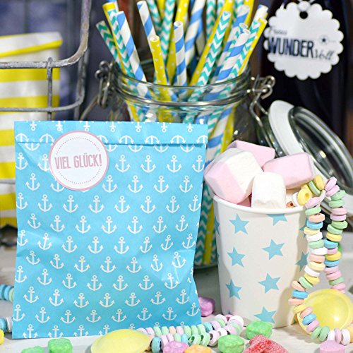 25 Frau Wundervoll Papiertüten / Geschenktüten / Candy Paper Bags – beachblau mit weißen Ankern – - 6