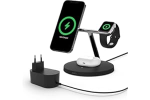 Belkin station de recharge BoostCharge Pro avec MagSafe, chargeur sans fil 3-en-1 pour iPhone 15 / 14 / 13 / 12 + Apple Watch + AirPods, recharge aimantée jusqu’à 15 W pour les modèles d’iPhone 15