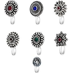 Yellow Chimes Nose Pin for Women and Girls | Traditional Silver Oxidised Nose Pin Without Piercing | German Silver Nose Pin Set | Floral Shaped Nosepin Combo | Accessories Jewellery for Women | Birthday Gift for Girls and Women Anniversary Gift for Wife