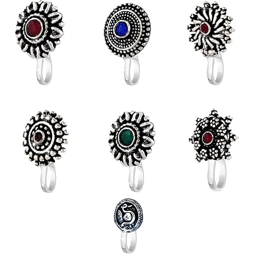 Yellow Chimes Nose Pin for Women and Girls | Traditional Silver Oxidised Nose Pin Without Piercing | German Silver Nose Pin Set | Floral Shaped Nosepin Combo | Accessories Jewellery for Women | Birthday Gift for Girls and Women Anniversary Gift for Wife
