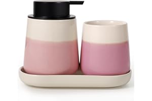 Autumnlife Badezimmer Set Rosa, 3-teiliges Badezimmer Zubehör Set aus Keramik, Dekoratives Badzubehör Seifenspender Set, Zahnputzbecher & Badablage für Schmuck, Geeignet für Bad, Waschbecken