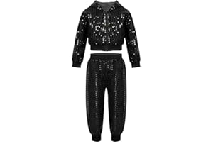 Agoky Conjunto de Danza Jazz Hiphop para Niñas con Lentejuelas Brillante Chaqueta Cremallera y Pantalones Brillante de Baile Moderno Disfraz de Baile