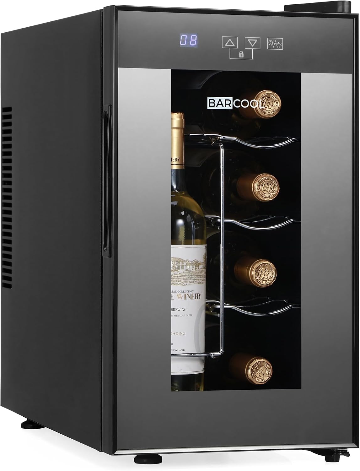 Barcool VINO8 – Table-Top Wine Fridge Black | 5-18°C | Wine Cooler | LED + Digital Display | Glass Door Drinks Cellar | Single-Zone (8 Bottle)