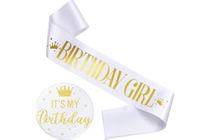 Yaomiao Birthday Sash for Women Birthday Girl Sash Party Decorations and It's My Button Glittery Metal Pin Its My Pin Badge for Party Decoration(White Gold)