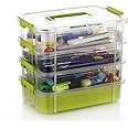 JIGSHTIAL Plastic Storage Containers with Lids, 4 Layer Multipurpose Clear Stack & Carry Box, Craft Organizers and Storage Bin for Organizing Art & Craft Sewing Makeup Nail Supplies (Green, 4. Layar)