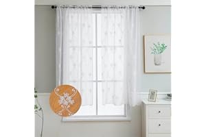 LIVETTY Original Net Curtains 63 Inch Drop 2 Panels Set Windows White Eyelet, Transparent Linen Style Voile 3D Floral Classic Embroidery for Bedroom, Living Room, Kitchen