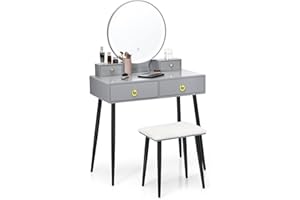 CASART Dressing Table Set, Vanity Makeup Desk with Adjustable LED Mirror, Cushioned Stool & 4 Drawers, Cosmetic Storage Organizer Table for Bedroom Dressing Room (Grey + Black)