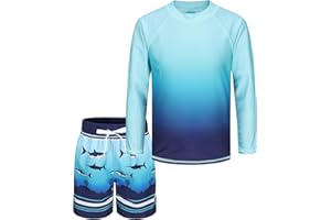 Aisyee UV Badeshirt Jungen Zweiteilig Langarm Schwimmshirt Kinder Boardshorts Jungen Badeset Kinder Schnelltrocknende Badeanzug Set 104 164/3-16 Jahre