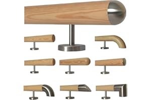 TIBU Kiefer Holz Handlauf Geländer 0,3m - 5m, Länge 60 cm, Ende Halbrunde Edelstahlkappe und 2 gerade Halter