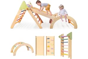 LOL-FUN 3in1 Wooden Climbing Frame for Toddlers, Baby Climbing Toys Pikler Triangle Set with Ramp and Arch, Montessori Indoor Play Jungle Gym for Kids 100x49x11CM Package-Rainbow