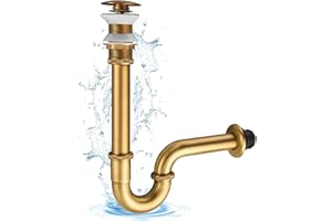 KINKIBOS Stainless Steel P-Trap & Brass Pop-up Waste Unslotted, 1 1/4" x 32 mm Universal for Bathroom Sink & Washbasin without Overflow,Height Adjustable Odour Trap, Antique Brass Brushed Finish