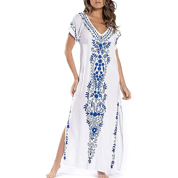 Abito Kaftan Donna Copricostume Spiaggia - Vestito Floreale Bohémien In Viscosa, Taglia Grande - Foto 2