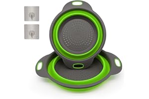CCUCKY 2 pezzi Scolapasta Pieghevole,Scolapasta in silicone Sinck,non tossico Lavabile in lavastoviglie,Cesto di frutta portatile,con 2 ganci per adesivi murali forti (Verde)