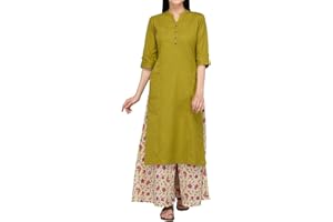 Ladyline Damen Tunika aus reiner Baumwolle, einfarbig, 3/4-Ärmel, aufrollbar, Knopfausschnitt mit Tasche, lang, Kurti Kurta