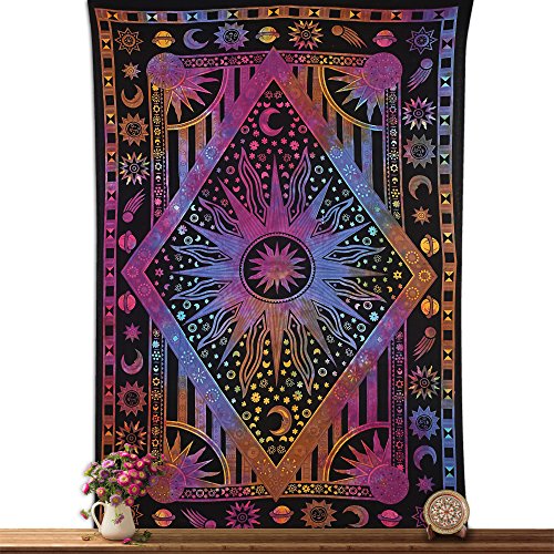 Twin Blue Tie Dye Lila Burning Sun Tapisserie Celestial Sun Moon Planet Bohemian Tapisserie Wand Hanging Boho Tapisserie Hippie Hippy Beach Coverlet Vorhang Tapisserie - 2