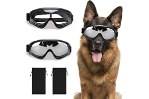 Jiayaus 4Pcs Dog Goggles Set, 2Pcs Dog Sunglasses with 2Pcs Glasses Pouch for Medium & Large Breed, Anti-UV Protection Sunglasses for Dogs Adjustable Strap for Outdoor Hiking (Silver and Clear)