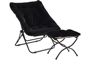 SESHINELL Comfy Saucer Chair with Ottoman, Oversized Foldable Faux Fur Lounge Chair Set Reading Chair with Metal Frame Moon Lazy Chair Accent Chair for Bedroom, Living Room, Dorm Rooms, Black