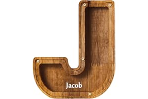 JOULLI Personalized Wooden Money Box, A-Z Letters Wooden Piggy Bank, Coin Bank with DIY Alphabet Stickers, Money Saving Bank Coin Storage Box Birthday Xmas Back to School Gifts (J)