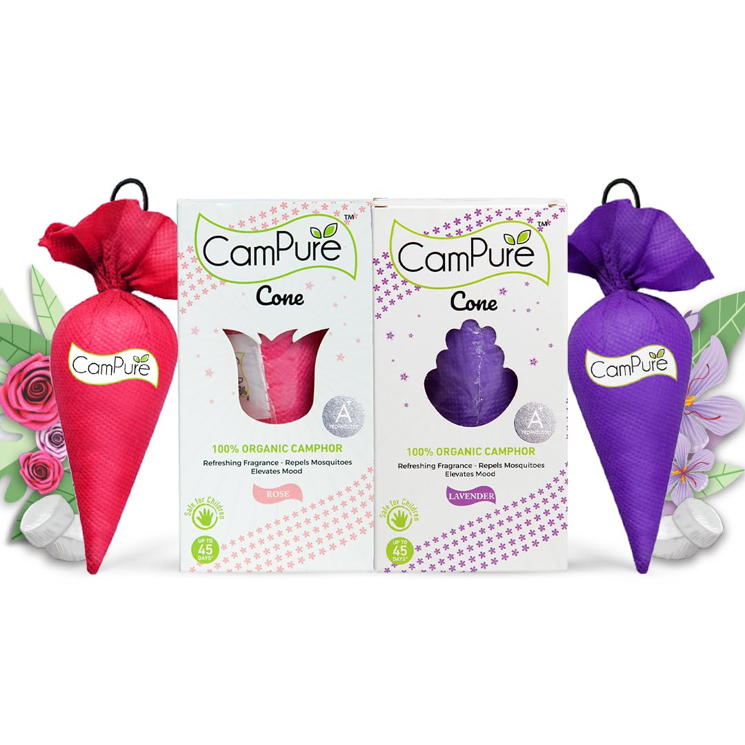 CamPure Camphor Cone (Rose + Lavender) Pack Of 2 - Room, Car and Air Freshener & Mosquito Repellent