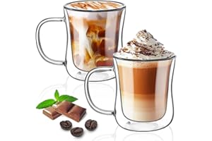 TKNO 2 Pack 350ml Double Walled Coffee Glasses Mugs Cappuccino Latte Macchiato Glasses Cups with Handle, Borosilicate Heat Resistant Glass Cups for Coffee Tea Milk Juice Ice Cream, Hot & Cold Drinks,