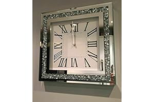 DEENZ SQUARE LOOSE DIAMANTE MIRRORED WALL CLOCK CRUSHED JEWEL ROMAN NUMBER GLASS CLOCK 35CM