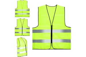 WINDFROMORT Chaleco Reflectante, 4 Piezas, Amarillo, Cremallera - Homologado, Poliéster, Alta Visibilidad con Bandas Reflectantes | Para Seguridad Vial, Construcción y Ciclismo Nocturno
