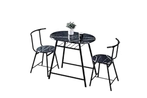Huisen Furniture Black Dining Table and Chairs Set of 2 Small Apartment Compact 3 Piece Dinette Kitchen Breakfast Bar Set Marble-like Pattern Wood Finish Metal Frame Space Saver