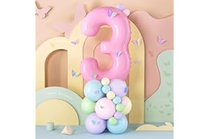 BALLOON DANCE Pink 3 Balloon 3rd Birthday Decorations for Girls, 40 Inch Pink Number 3 Foil Balloon with Butterfly stickers Pastel Balloons for Girls 3 Year Birthday Party Decoration Baby Shower