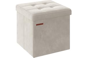 SONGMICS Puff Almacenaje, Banco de Almacenamiento de Terciopelo Plegable, Taburete Reposapiés, 38 x 38 cm, Carga de 300 kg, para Entrada, Sala de Estar, Dormitorio, Blanco Crema LSF227W01